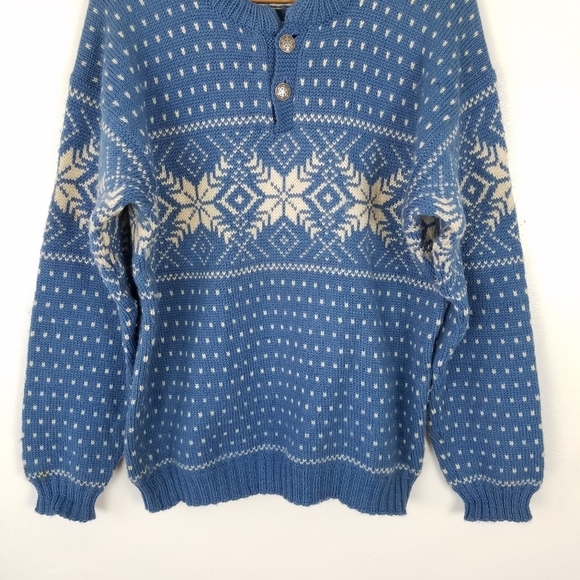 Vintage Voss Knit Norway Virgin Wool Chunky Knit Blue White Snowflake Sweater - Picture 4 of 9